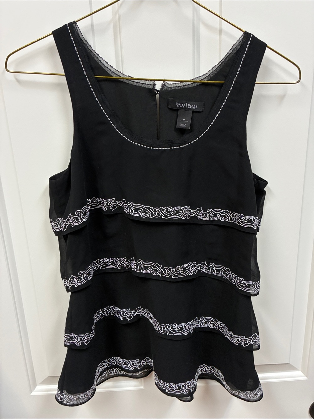White House Black Market Black Tiered Embroidered Ruffle Tank